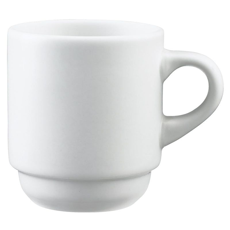 Browne PALM white porcelain stackable cup with stacking foot and C-shaped handle, tall mug size option