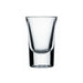 Browne SHOOTER 1 oz clear glass shot glass with flared rim and thick heavy base, sold in a pack of 12, front view