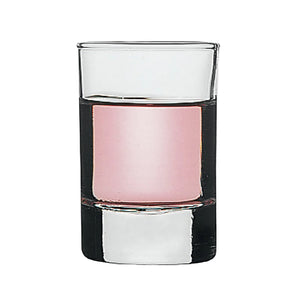 Browne SIDE-HEAVY SHAM 2 oz clear glass whisky shot glass with thick heavy base, shown with pink drink, pack of 12