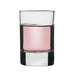 Browne SIDE-HEAVY SHAM 2 oz clear glass whisky shot glass with thick heavy base, shown with pink drink, pack of 12