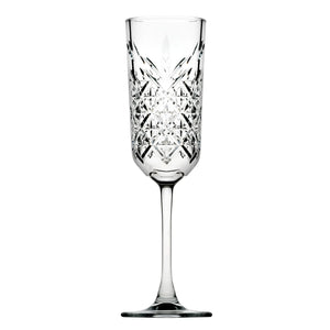 Browne TIMELESS 6 oz cut-crystal style clear glass champagne flute with slim stem, sold in a pack of 12