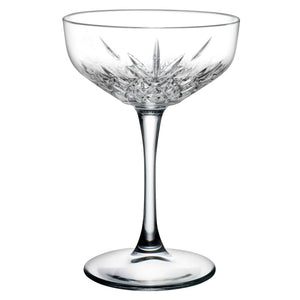 Browne TIMELESS 9 oz clear glass coupe with vintage cut-glass pattern and slim stem, sold in a pack of 12