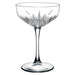 Browne TIMELESS 9 oz clear glass coupe with vintage cut-glass pattern and slim stem, sold in a pack of 12