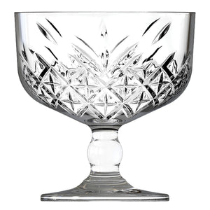 Browne TIMELESS 9.25 oz clear glass footed ice cream cup with vintage cut-glass pattern, sold in a pack of 12