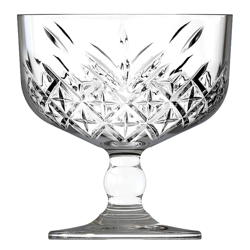 Browne TIMELESS 9.25 oz clear glass footed ice cream cup with vintage cut-glass pattern, sold in a pack of 12