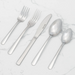 Browne WIN2 stainless steel flatware set of 12, five-piece place setting of forks, knife and spoons on white marble