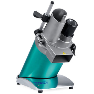 Brunner-Anliker GSM5 Star stainless steel vegetable slicer with teal base, bean-shaped hopper and rotating feed tube, front angled view