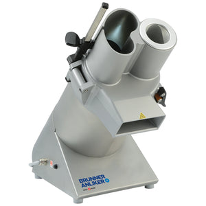 Brunner-Anliker XL-C Star commercial vegetable slicer with bean-shaped hopper and rotating brunoise feed tube on 45 degree cutting head, front angled view