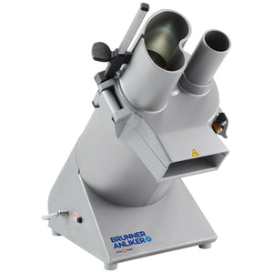 Brunner-Anliker XL-C commercial vegetable slicer in grey with bean-shaped hopper, round feed tube and 45 degree cutting head, front angled view