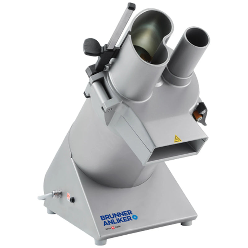 Brunner-Anliker XL-C commercial vegetable slicer in grey with bean-shaped hopper, round feed tube and 45 degree cutting head, front angled view
