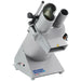 Brunner-Anliker XL-C commercial vegetable slicer in grey with bean-shaped hopper, round feed tube and 45 degree cutting head, front angled view