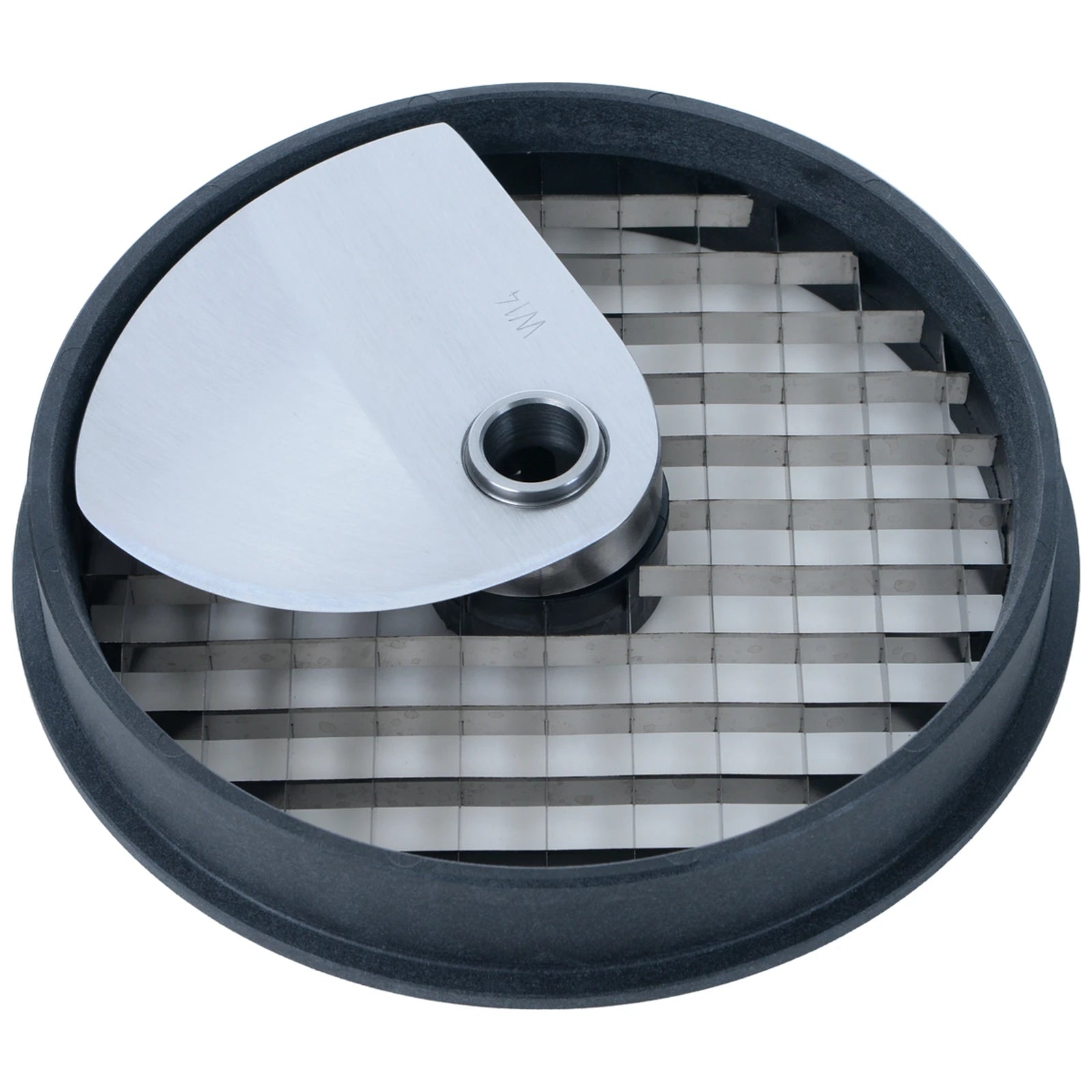 Brunner-Anliker 7 1/8" dicing disc, 14 mm W14, for the GSM5 Star & Anliker L vegetable slicer, top angled view