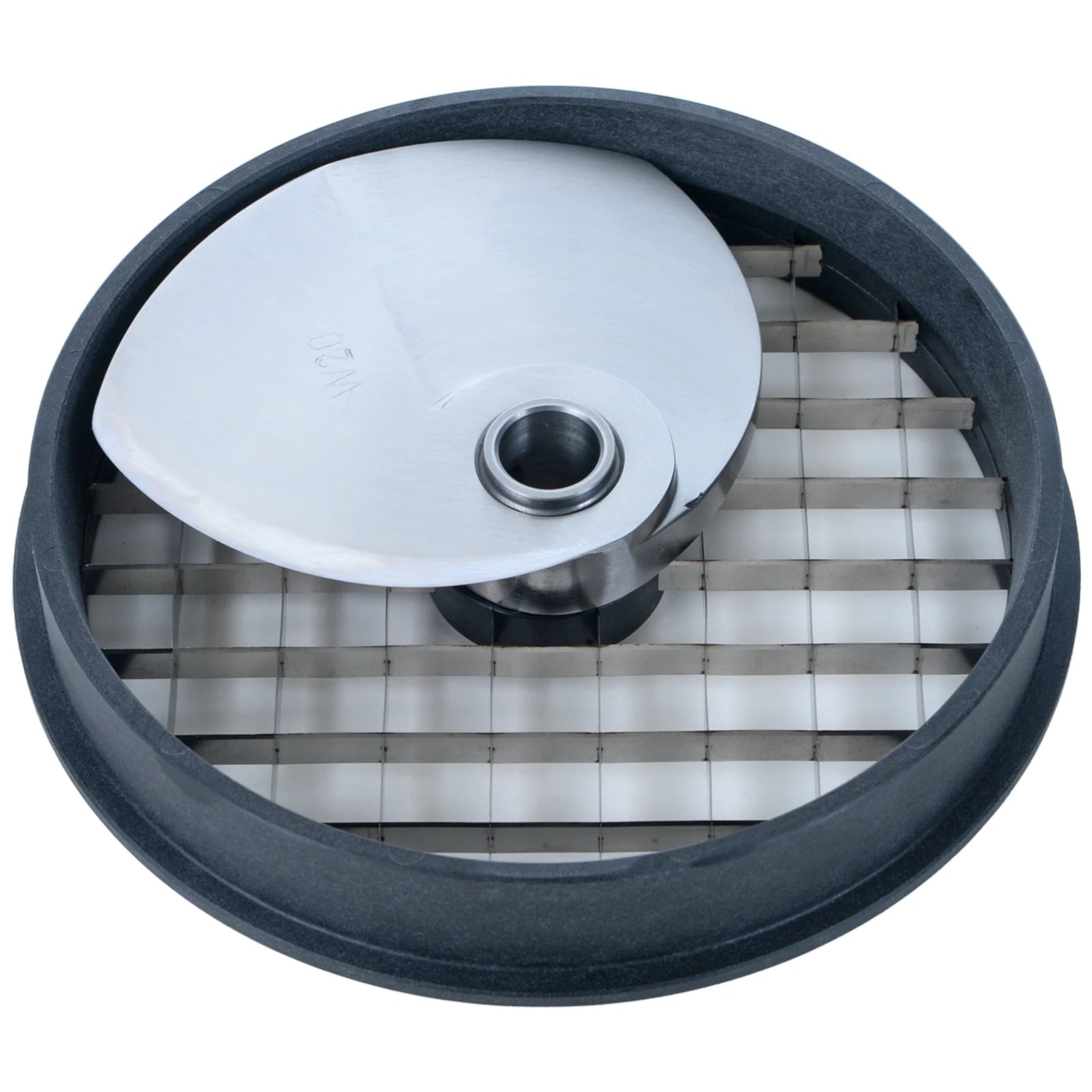 Brunner-Anliker 7 1/8" dicing disc, 20 mm W20 Soft Products, for the GSM5 Star & Anliker L vegetable slicer, top angled view