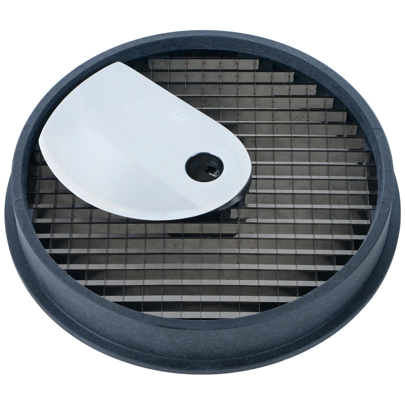 Brunner-Anliker 7 1/8" dicing disc, 8 mm W8, for the GSM5 Star & Anliker L vegetable slicer, top angled view