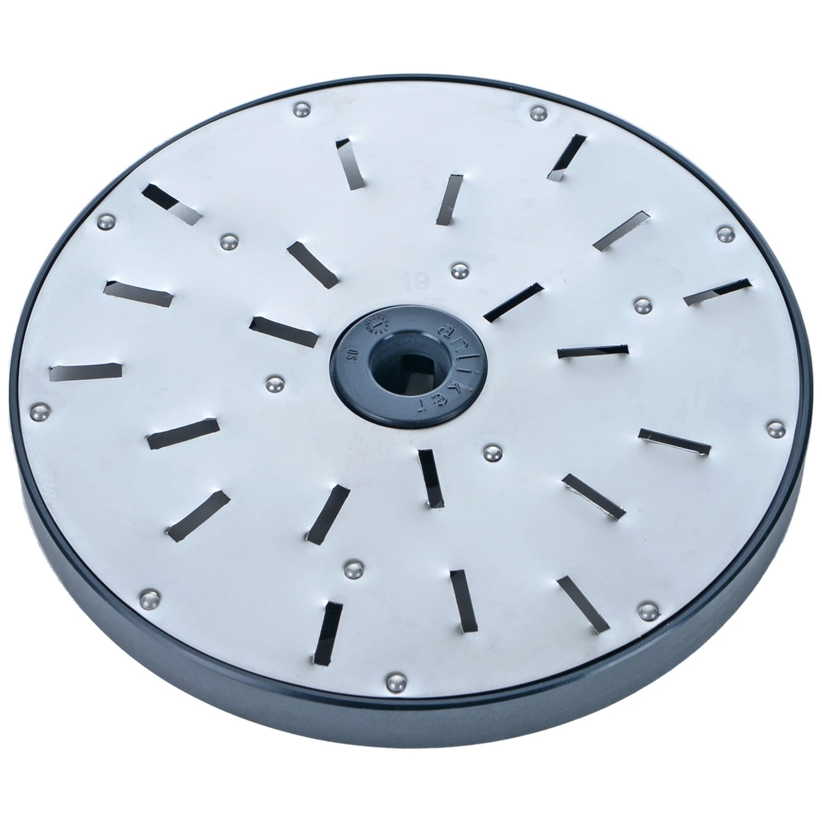 Brunner-Anliker 7 1/8" grater disc, No. 19 16 mm Fondue, for the GSM5 Star & Anliker L vegetable slicer, top angled view