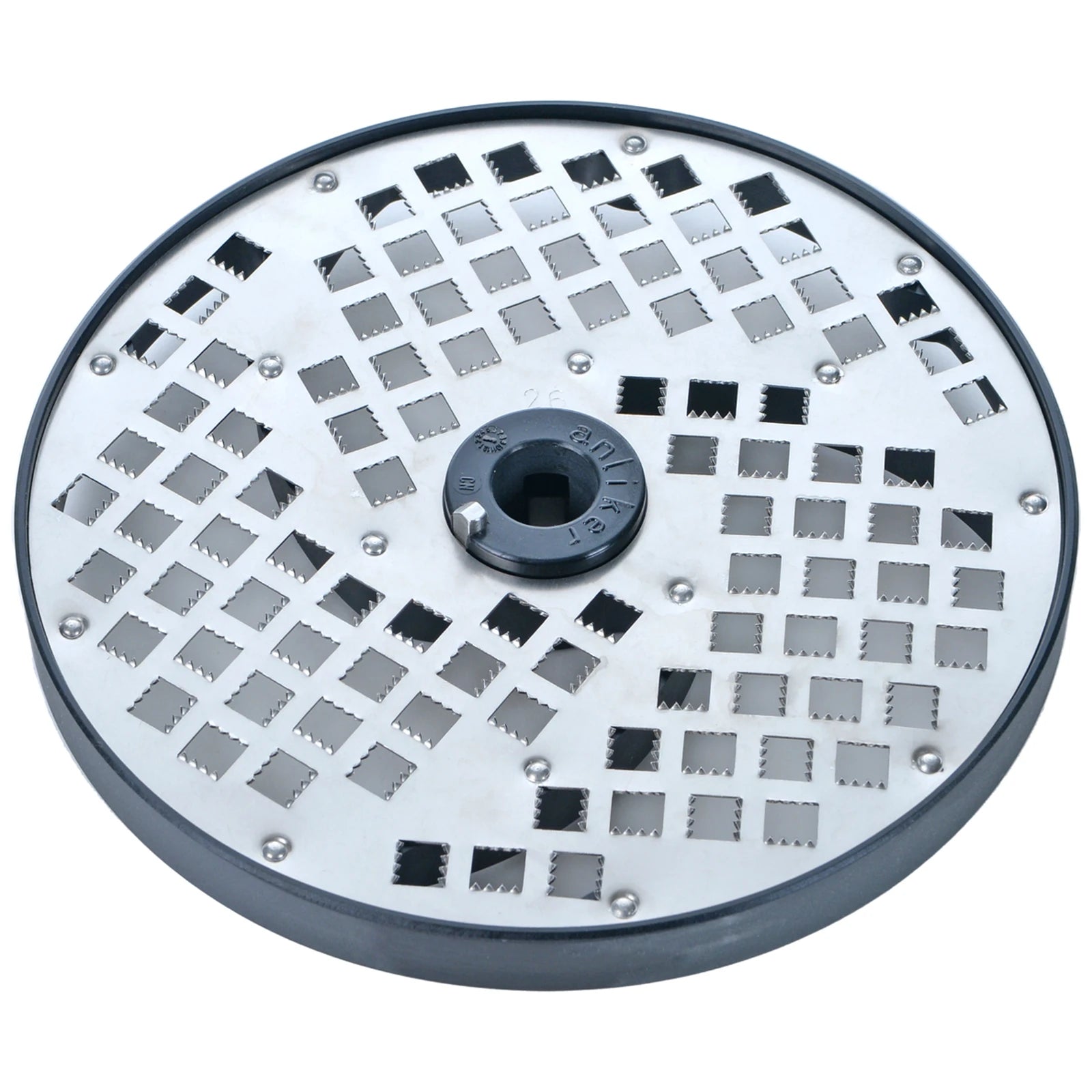 Brunner-Anliker 7 1/8" grater disc, No. 26 Tempura, for the GSM5 Star & Anliker L vegetable slicer, top angled view