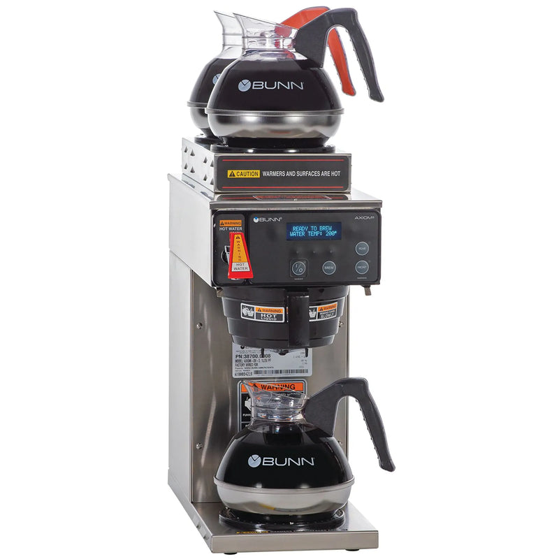 Bunn AXIOM-DV-3T decanter coffee brewer with hot water tap, glass decanters on the top and bottom warmers