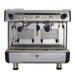Casadio Nettuno two group espresso machine with polished steel panels, portafilters and cup warmer, front view
