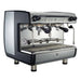 Casadio Nettuno two group espresso machine in black and polished stainless steel with steam wands, angled view