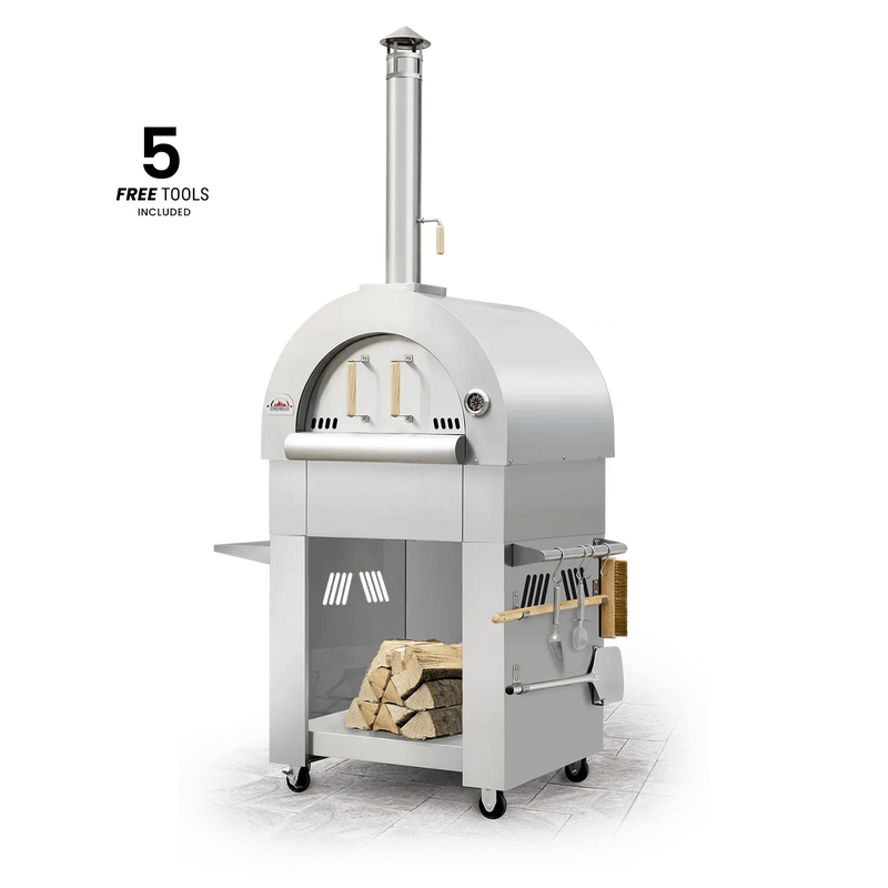 Ciao Bella Primo wood fired outdoor pizza oven in stainless steel on wheeled cart with wood storage and 5 free tools