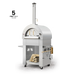 Ciao Bella Primo wood fired outdoor pizza oven in stainless steel on wheeled cart with wood storage and 5 free tools
