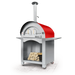 Ciao Bella Quattro wood fired outdoor pizza oven with red dome on stainless steel cart with side shelves and wood storage