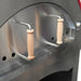 Ciao Bella Quattro wood fired pizza oven, close-up of the stainless steel oven door with two wooden handles
