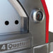 Ciao Bella Quattro pizza oven in red, close-up of the dome thermometer, air vents and Quattro badge on the front