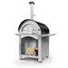 Ciao Bella Quattro wood fired outdoor pizza oven with black dome on stainless steel cart with side shelves and wood storage