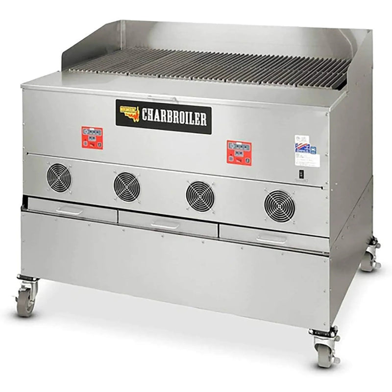 Cookshack CB048 wood pellet fired 48-inch charbroiler in stainless steel with top grates and four front fans