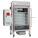 Cookshack FEC120 gas pellet smoker oven with door open showing interior cooking racks and drip pan below