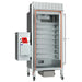 Cookshack FEC240 gas pellet smoker oven with door open showing tall interior rack system and orange door gasket