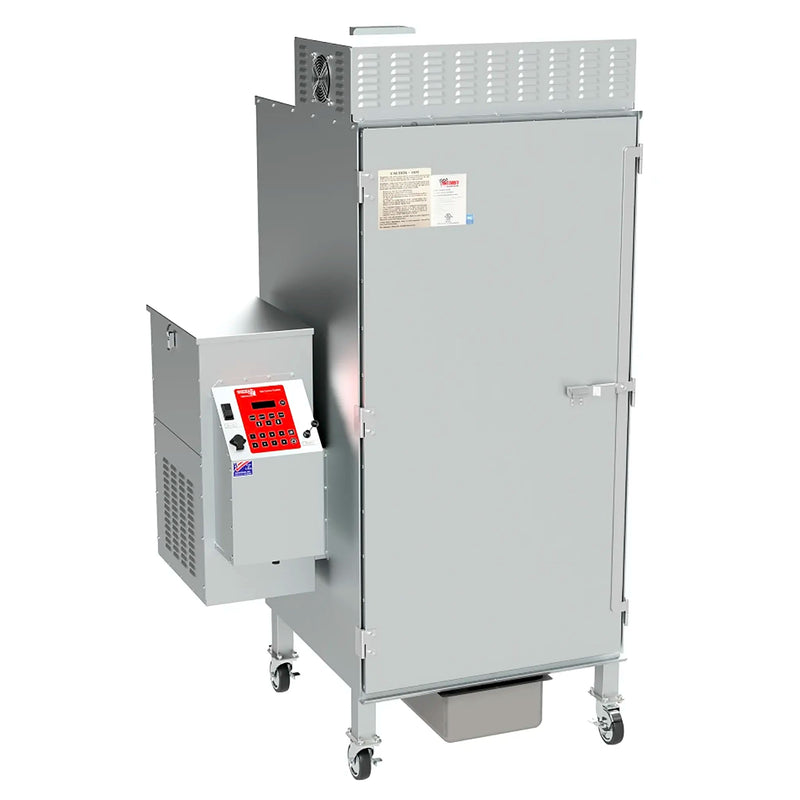 Cookshack FEC240 commercial gas pellet smoker oven in stainless steel with side pellet hopper, door closed