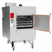 Cookshack FEC300 gas rotisserie smoker oven with door open showing rotisserie racks and orange door gasket