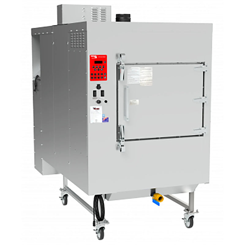 Cookshack FEC300 commercial gas rotisserie smoker oven in stainless steel with front controls, door closed