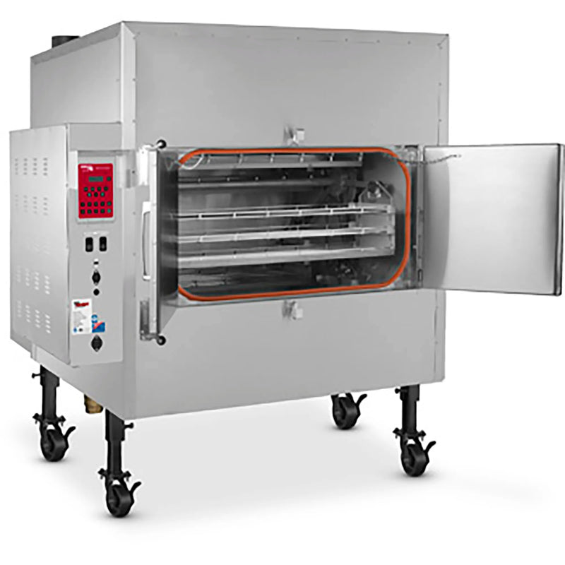 Cookshack FEC500 commercial gas rotisserie smoker oven with door open showing rotisserie racks, on casters