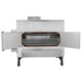 Cookshack FEC750 gas rotisserie smoker oven with both doors open showing the rotisserie racks inside, on casters