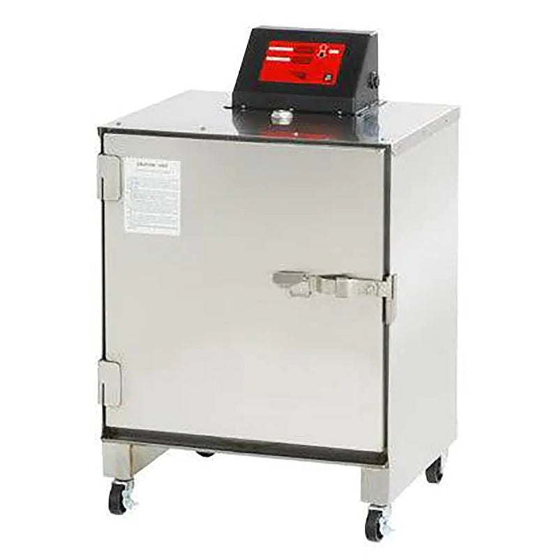 Cookshack SM025 residential electric smoker oven in stainless steel with top digital controller and casters