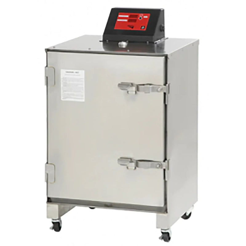 Cookshack SM045 residential smoker oven in stainless steel with door latches, top controller and casters