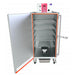 Cookshack SM160 commercial electric smoker oven with door open showing interior racks, drip pan, and wood box