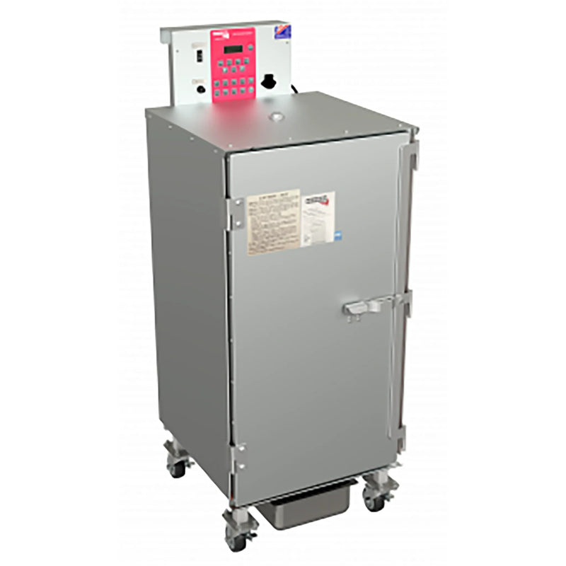 Cookshack SM160 commercial electric smoker oven in stainless steel with top controller and casters, door closed
