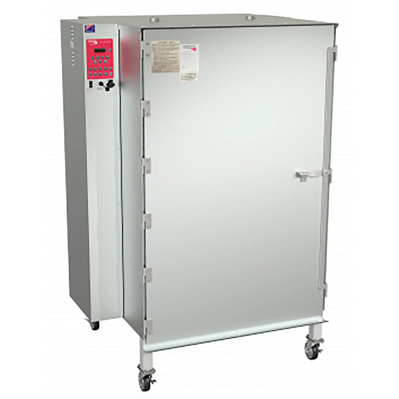 Cookshack SM360 commercial electric smoker oven slow cooker, tall stainless steel cabinet on casters, angled view
