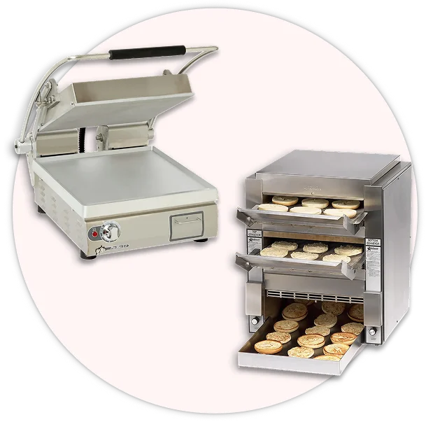 Commercial countertop appliances including toasters, panini presses, and rice warmers.