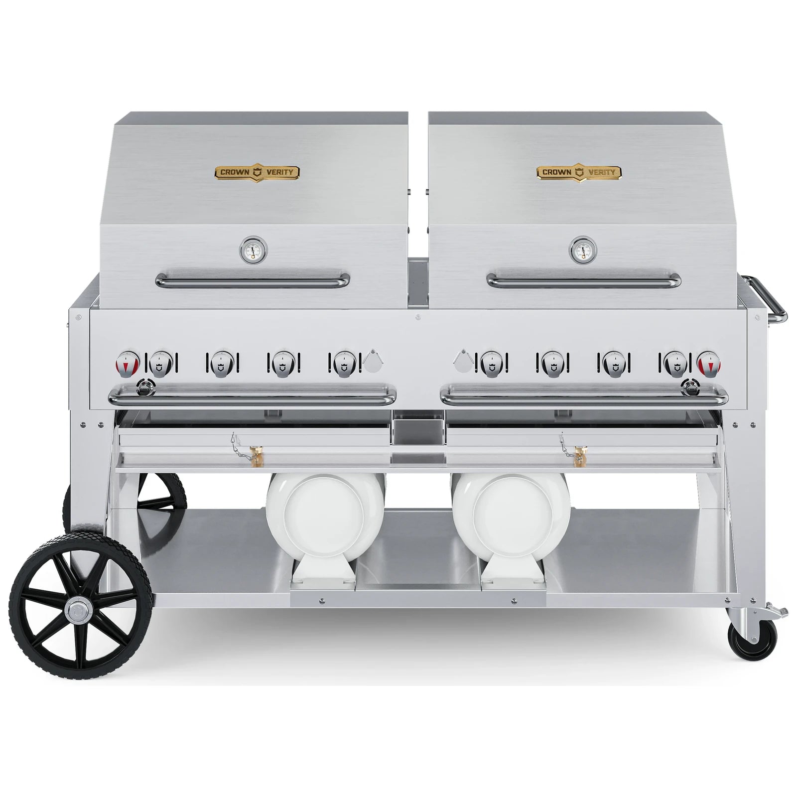 Crown Verity CV-CCB-60RDP 60" Club Series BBQ grill, with two roll domes package, stainless steel, front view