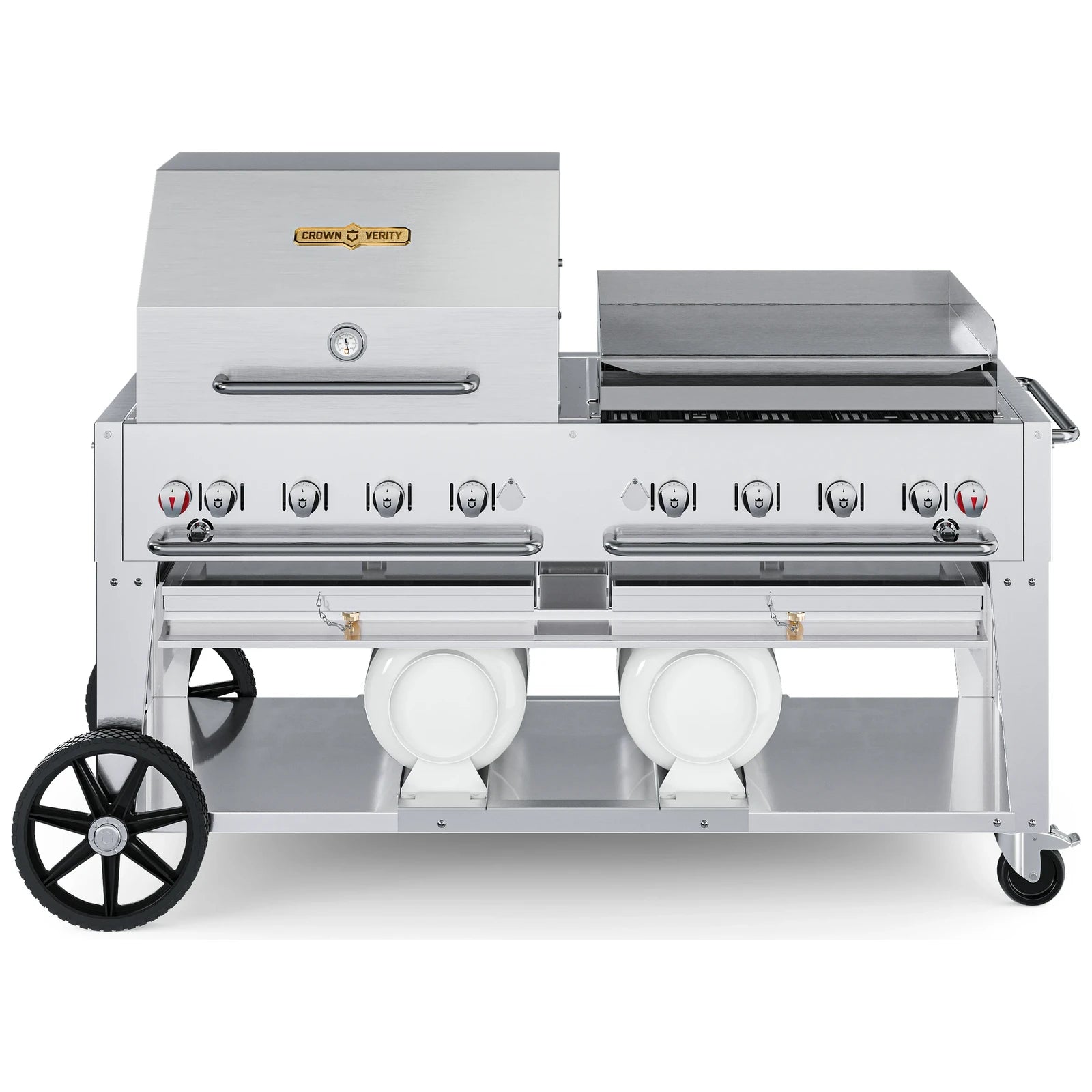 Crown Verity CV-CCB-60RGP 60" Club Series BBQ grill, with roll dome and Pro Series griddle package, stainless steel, front view