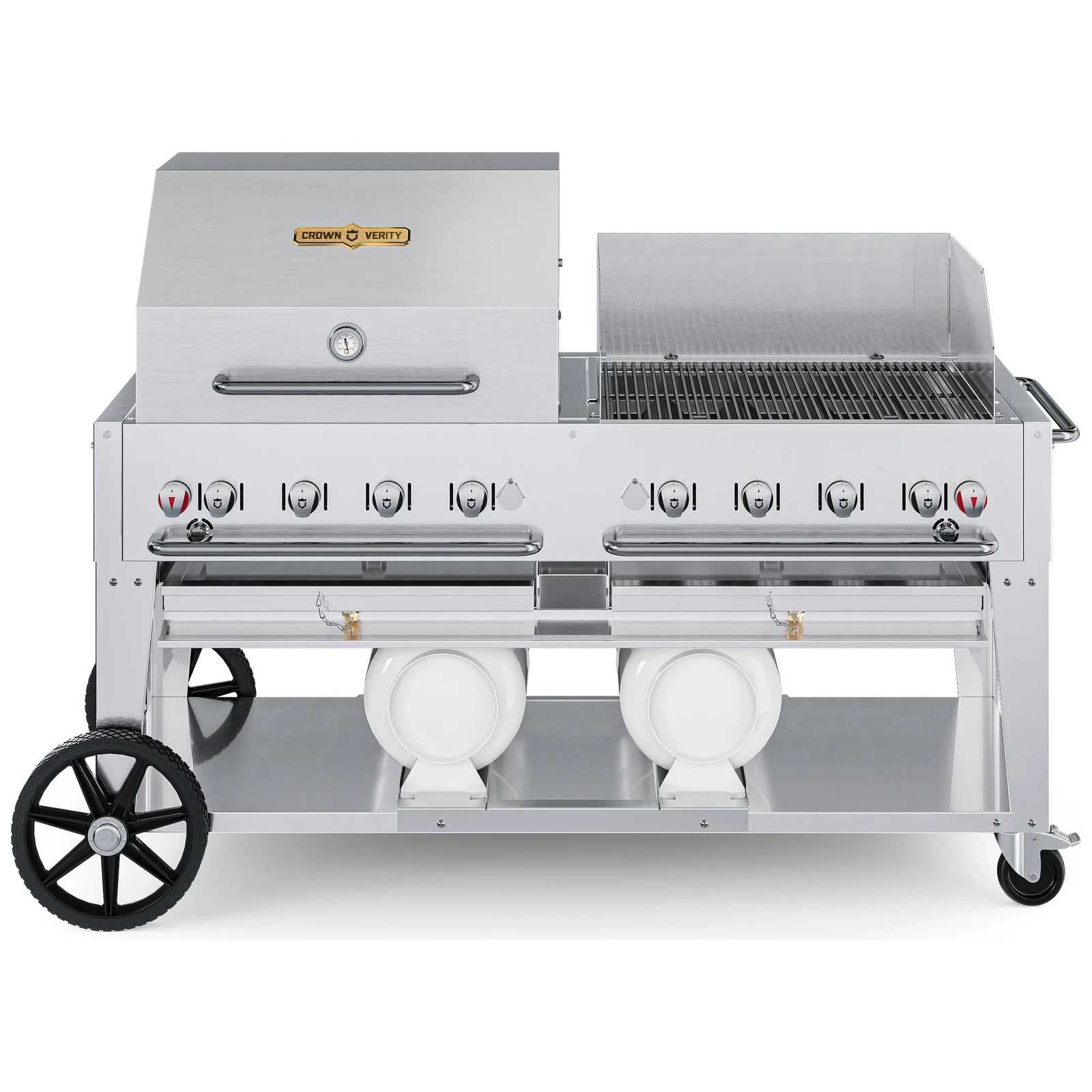 Crown Verity CV-CCB-60RWP 60" Club Series BBQ grill, with roll dome and windguard package, stainless steel, front view