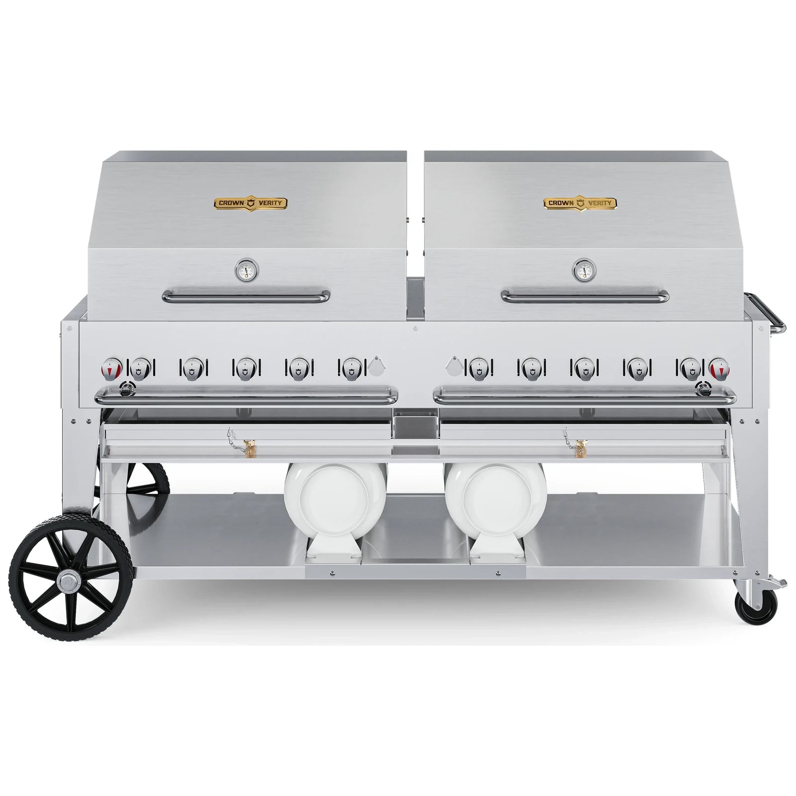 Crown Verity CV-CCB-72RDP 72" Club Series BBQ grill, with two roll domes package, stainless steel, front view