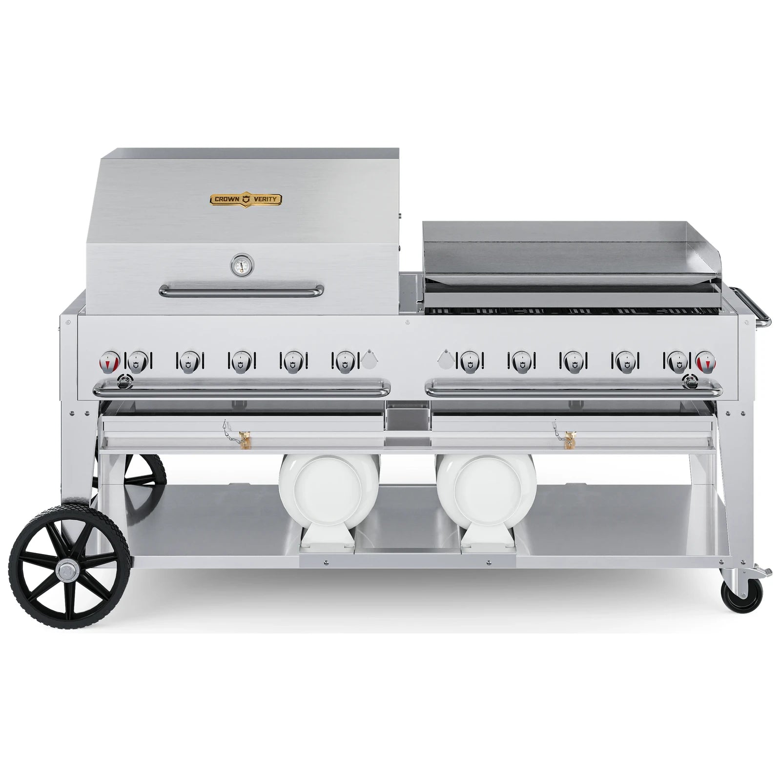 Crown Verity CV-CCB-72RGP 72" Club Series BBQ grill, with roll dome and Pro Series griddle package, stainless steel, front view