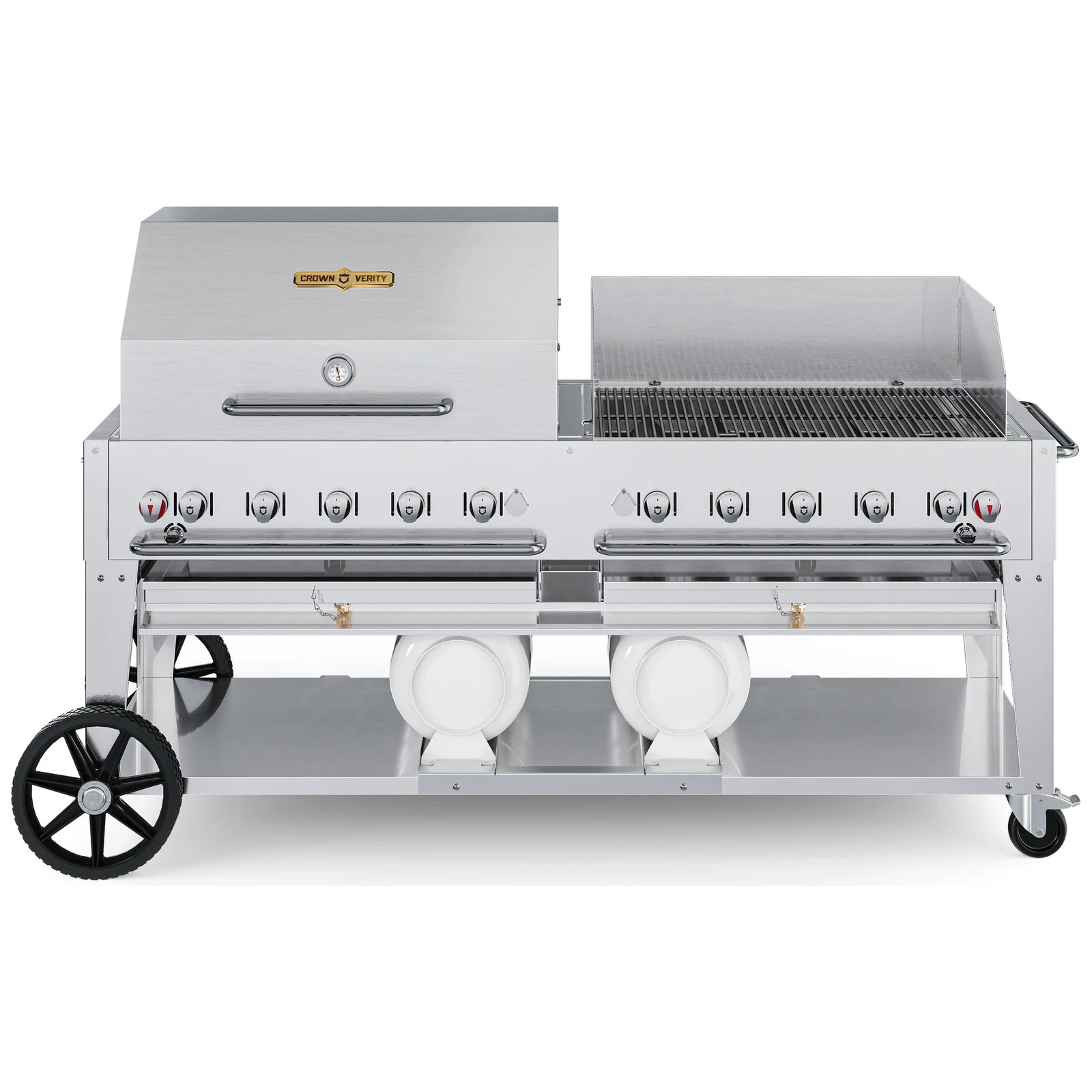 Crown Verity CV-CCB-72RWP 72" Club Series BBQ grill, with roll dome and windguard package, stainless steel, front view