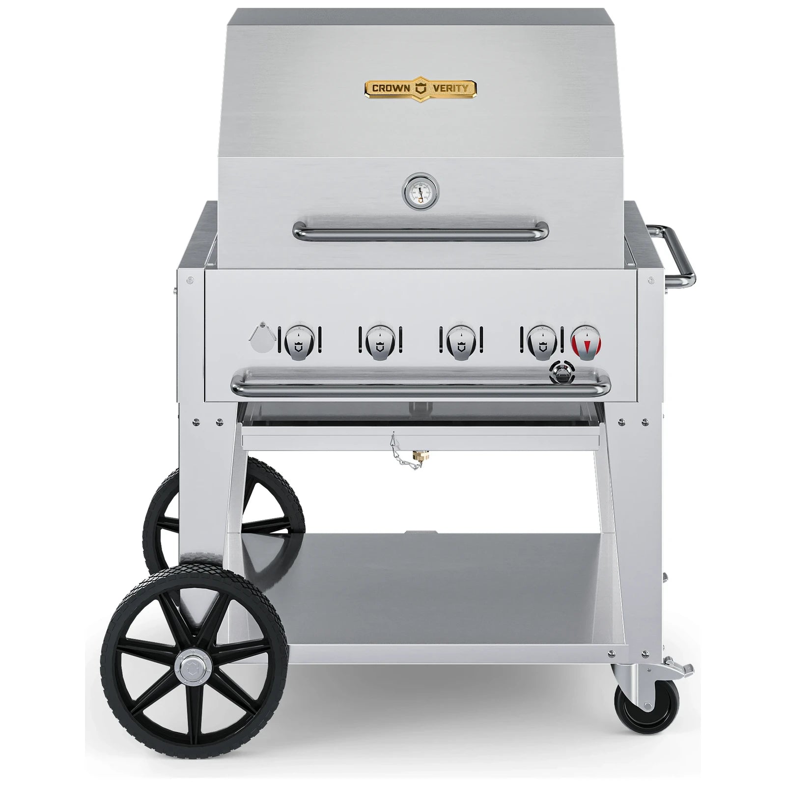 Crown Verity CV-MCB-30RDP 30" mobile BBQ grill, with roll dome package, stainless steel, front view